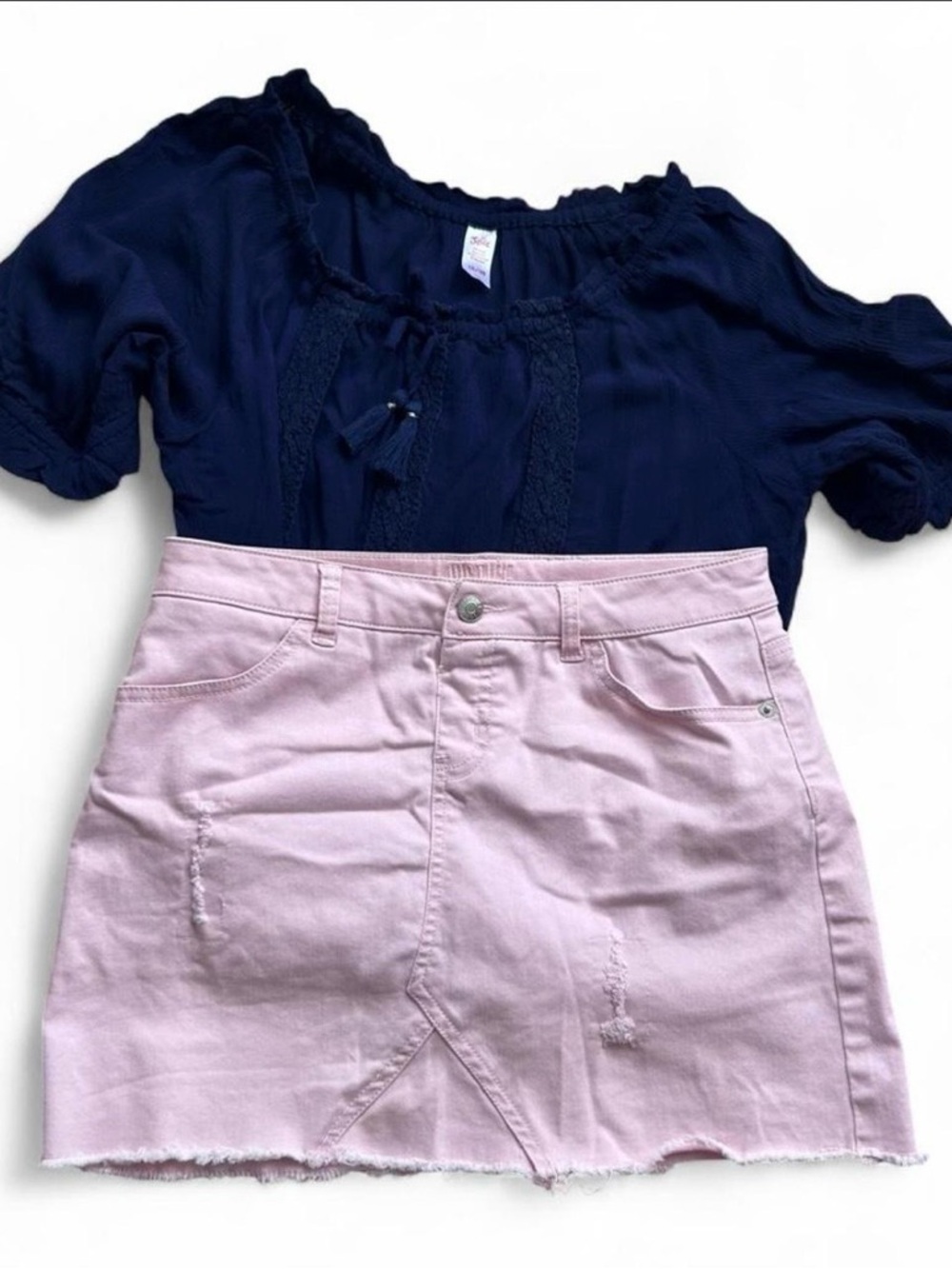 Justice girls Navy Peasant Top with Light Pink Denim Mini Skirt set size 18/20